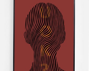 May include: A black and orange abstract illustration of a person's silhouette with wavy lines.