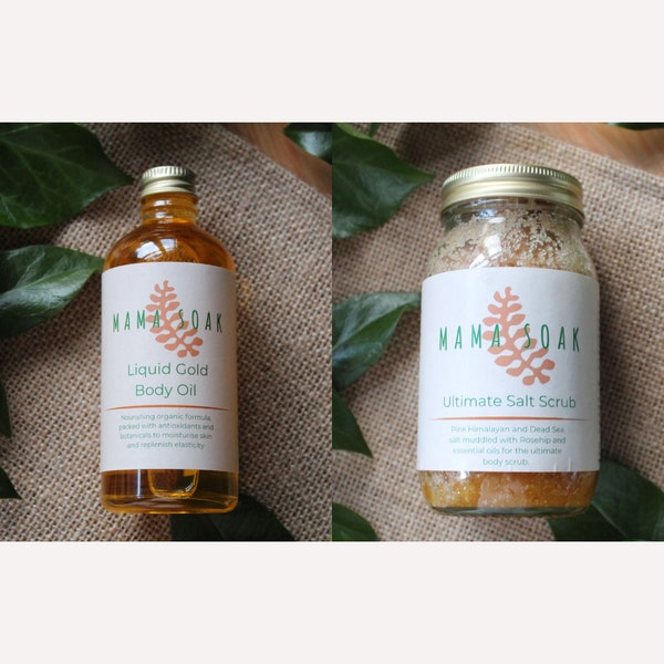 Skin Bliss Gift Set - Mother's Day Gift. Ultimate Salt Scrub and Liquid Gold Body Oil. Organic handmade skincare. Pregnancy and postpartum.