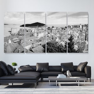 Black and White Rooftops of Dubrovnik | Landscape Photography Canvas | Architecture Photo Set of 1 3 4 5 Piece Split Panel | Croatia Decor
