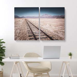 Old Train Tracks Photography Canvas | Perspective Photo Set of 1 3 4 Piece Split Panel | Empty Desert Wall Decor Extra Large Bedroom Prints