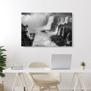 Black and White Waterfall Photography Canvas | Landscape Photo Set of 1 2 3 5 Piece Split Panel | Iguazu Falls Brazil Extra Large Wall Decor