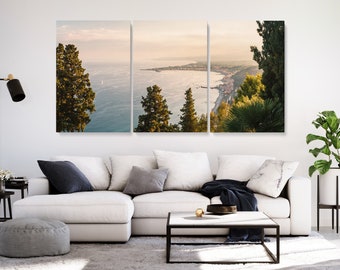 Coastal Landscape Photography Canvas | Italy Photo Set of 1 3 4 5 Piece Split Panel | Golden Hour Trees in Taormina | Wall Art Prints Decor