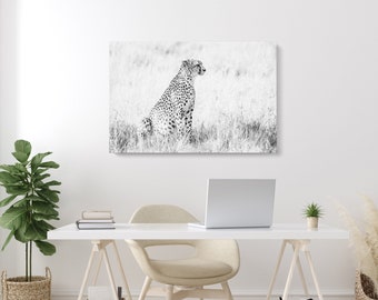 Cheetah Sitting in Grass Black and White Photography Canvas | Wildlife Photo Set of 1 2 3 5 Piece Split Panel | Big Five Africa Wall Decor