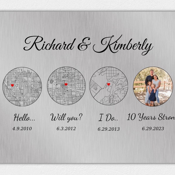 Aluminum Anniversary Gift, Custom 10th Anniversary Sign, Personalized Tin City Map, Hello, Will You, I Do, 10 Year, For Her, Tenth Tin Gift
