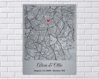 Personalized Engagement Gift Map Tin Print, Custom Wedding Location Poster, Love Map Wall Hanging, Aluminum Anniversary Gift, Newlywed Gift