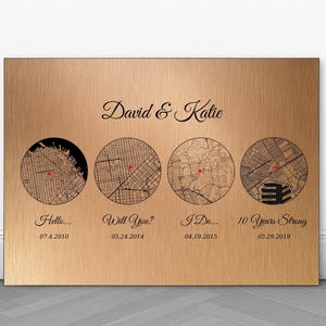 Benutzerdefinierte Stadt Karte Druck, erste Datum Karte Geschenk, Aluminium Jahrestag Panel, Hochzeit Lage Karte, Geschenk für Romantisches Paar, Geschenk zum 10. Jahrestag