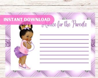 Cartão de conselhos para chá de bebê imprimível Cartão digital de conselhos para chá de bebê Cartão de conselhos para princesas afro-americanas Cartão de conselhos para pais Cartão de conselhos digital