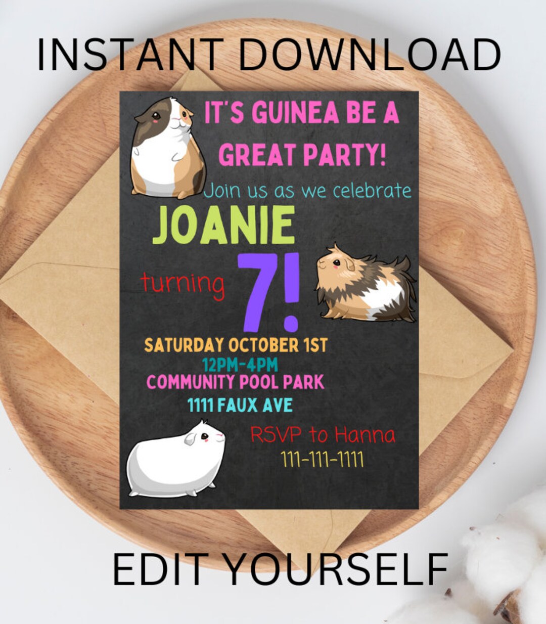 Instant Download Guinea Pig Invitation Kids Birthday Guinea Pig ...