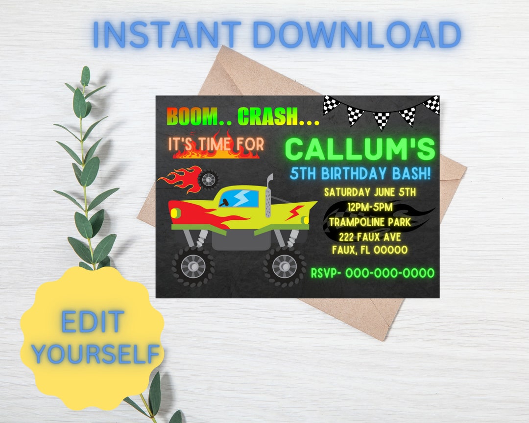 Printable Monster Truck Birthday Invitation Digital Monster Truck ...