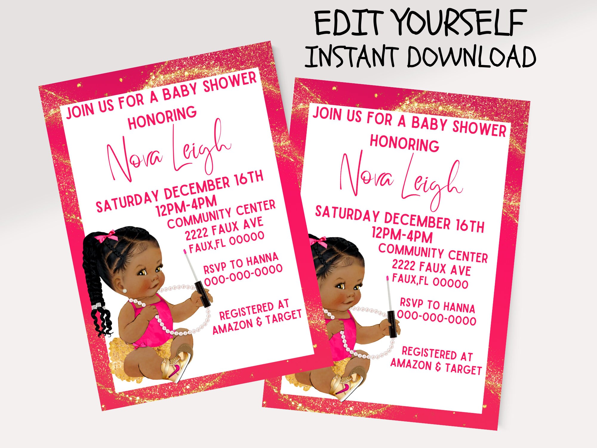 Printable Baby Shower Invitation Digital Baby Invitation African American Princess Baby Shower Pink and Gold Printable