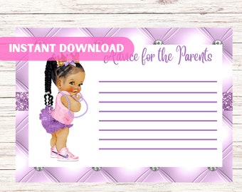 Cartões de conselhos para chá de bebê imprimíveis, cartões digitais de conselhos para chá de bebê, princesa afro-americana, cartão de conselhos para chá de bebê, rosa, roxo
