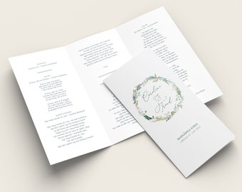 Vielsesprogram "Caroline" A4 TRIFOLD, Designmal, Digital Fil, Redigerbar i Canva, Printbart Kirkeprogram, Bryllup