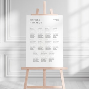 May include: A white seating chart with black text for a wedding reception. The chart lists the names of guests assigned to each table, labelled "Bord" 1 through 11. The top of the chart reads "Camilla + Haakon" and "5. August 2025".