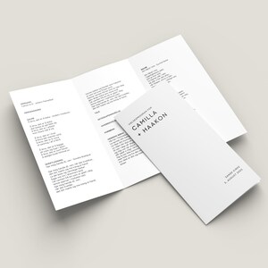 May include: A white wedding order of service with the text "Vielsensprogram for Camilla + Haakon" and the date "5. August 2023". The order of service includes the hymns, readings, and the names of the officiant and wedding party.