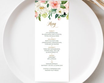 Meny ""Victoria"" 95 x 210 mm, Designmal, Digital Fil, Redigerbar und Canva, Printbar Meny, Bryllup