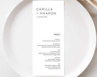 Meny ""Camilla"" 95 x 210 mm, Designmal, Digital Fil, Redigerbar in Canva, Printbar Meny, Bryllup."
