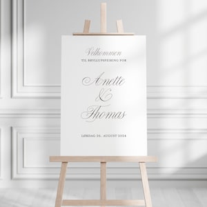 May include: A white welcome sign with black text announcing the wedding of Anette & Thomas on Saturday, 26 August 2024.