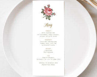 Meny ""Maria"" 95 x 210 mm, Designmal, Digital Fil, Redigerbar in Canva, Printbar Meny, Bryllup."