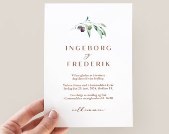 Bryllupsinvitasjon « Ingeborg », Designmal, Digital Fil, Redigerbar i Templett, Printbar Invitasjon, Bryllup