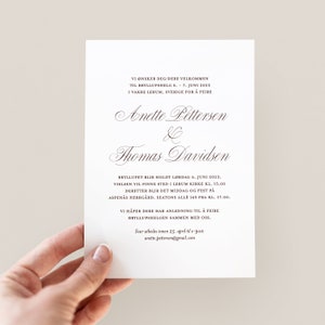 May include: A white wedding invitation with a burgundy font. The invitation announces the wedding of Anette Pettersen and Thomas Davidsen on 6 June 2023, in Lerum, Sweden. The invitation includes the ceremony and reception details.