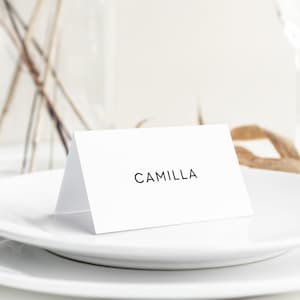 May include: White place card with the name "Camilla" printed in black.