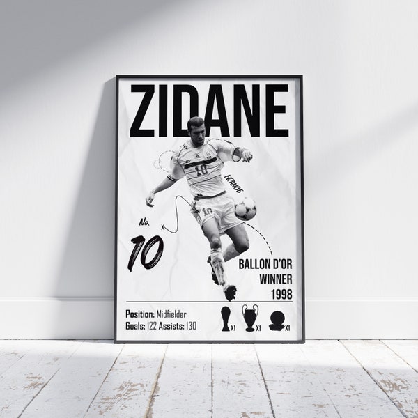 Zinedine Zidane Poster France Football Print Real Madrid Football Print Wall Art Poster Gift For Boys Room A4 A3 A2