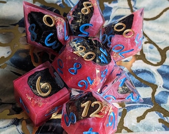 grottos of fire - handmade resin sharp edge, dnd, dice set for DnD, D&D, Dungeons and Dragons, RPG dice