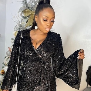 jayla long sleeve sequin feather mini dress Petal and Pup Women's Kelly Long Sleeve Sequin Mini Dress