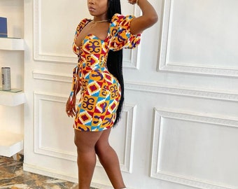 Ankara Corset Mini dress with puff sleeves