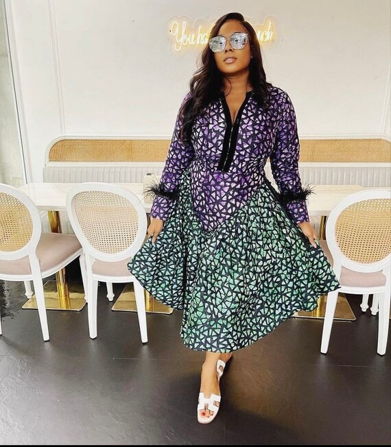 Adire Midi Dress in Long Sleeves with Feathers