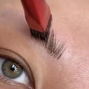 Close-up of an angled brush applying makeup to brows, enhancing sparse hairs for a fuller look. One green eye is visible, reflecting natural daylight