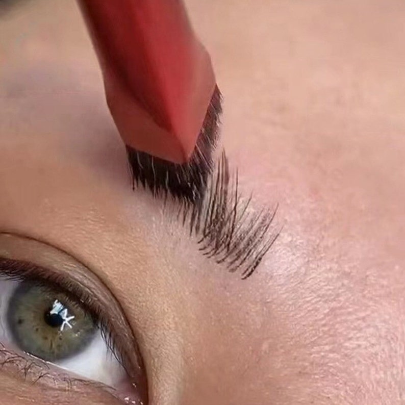 Close-up of an angled brush applying makeup to brows, enhancing sparse hairs for a fuller look. One green eye is visible, reflecting natural daylight
