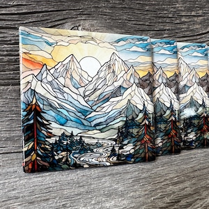 Stained glass mountain coaster, nature art, mountain range, Gift for her, gift for him, Mother’s Day gif, birthday, Ceramic coaster set of 4