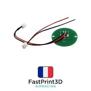 May include: A green circular circuit board with red and black wires attached. Two white connectors are also connected to the wires. The text "FastPrint3D SIMRACING" is below the French flag.