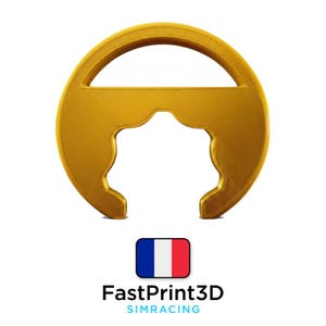Puede incluir: Un objeto dorado, impreso en 3D, con forma de volante y un diseño central abierto. La imagen incluye el texto "FastPrint3D SIMRACING" debajo de un icono de la bandera francesa, sugiriendo un producto de simulación de carreras.