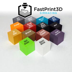 May include: A collection of colorful, square 3D-printed blocks, each labeled with a different color name. Colors include grey, silver, orange, red, bronze, green, white, cyan, black, copper, blue, and violet. The FastPrint3D logo is in the top right.