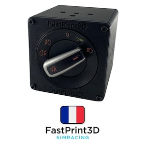 Pode incluir: Dispositivo quadrado preto com um interruptor rotativo e símbolos de luz. O texto "FastPrint3D" está impresso no dispositivo. O interruptor tem uma alça prateada com um indicador vermelho. Para simulação de corridas.