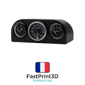 Peut inclure: Un tableau de bord noir avec trois jauges : carburant, suralimentation et température. Les jauges ont des marquages et des aiguilles blancs sur fond noir. Le texte "FastPrint3D SIMRACING" est en dessous.