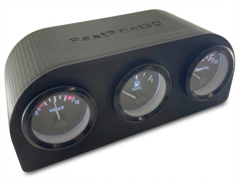 May include: Black automotive gauge cluster with three circular gauges. The gauges display volt, fuel, and temperature readings. The top of the cluster has the text "FastPrint3D".