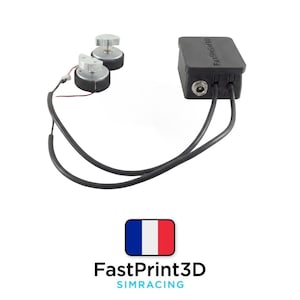 May include: A black electronic device with two silver components and a black box. The components are connected by black wires. The text "FastPrint3D" and "SIMRACING" are visible below the device.