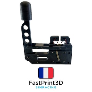 May include: Black sim racing handbrake with a textured handle and a mechanical design. The device features multiple pivot points and a spring mechanism. The product has the text "FastPrint3D SIMRACING" and a French flag.