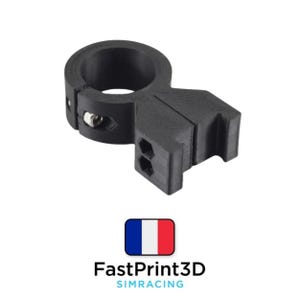 Puede incluir: Una abrazadera negra impresa en 3D con una abertura circular y una extensión rectangular. La abrazadera presenta dos tornillos pequeños de color plateado. La imagen incluye el texto "FastPrint3D" y "SIMRACING" debajo de una bandera francesa.