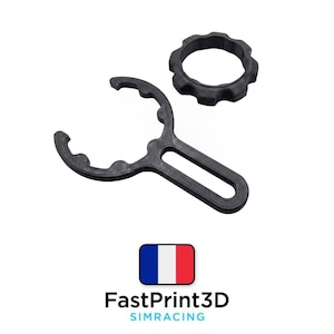 May include: Black 3D-printed wrench and a circular gear-like component. The wrench has a handle and two curved ends. The text "FastPrint3D SIMRACING" is below the French flag.