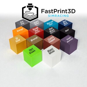 K&ouml;nnte beinhalten: Eine Sammlung farbiger, quadratischer 3D-gedruckter Bl&ouml;cke, die jeweils mit einem anderen Farbnamen beschriftet sind. Zu den Farben geh&ouml;ren Grau, Silber, Orange, Rot, Bronze, Gr&uuml;n, Wei&szlig;, Cyan, Schwarz, Kupfer, Blau und Violett. Das FastPrint3D-Logo ist zu sehen.