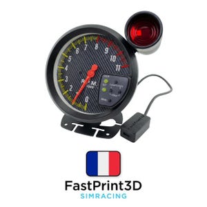 Peut inclure: Un compte-tours noir et argent avec une aiguille rouge et une petite lumière rouge. La jauge indique jusqu'à 11 000 tr/min. Le texte "FastPrint3D SIMRACING" est en dessous.