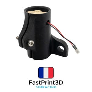 May include: A black 3D-printed component with a cylindrical top and a bracket with a hole. It has a screw and a wire with red and black cables. The image includes the text "FastPrint3D SIMRACING" and a French flag.
