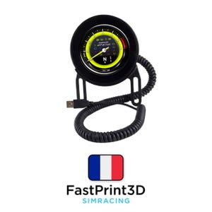 May include: A black sim racing gauge with a yellow and green display. The gauge has a coiled black cable and a USB connector. The text "FastPrint3D SIMRACING" is below the gauge, along with the French flag.