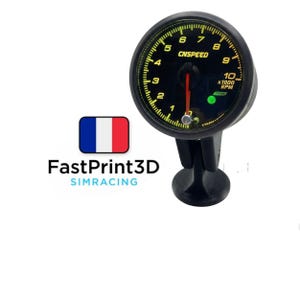 May include: Black CNSPEED RPM gauge with a black base. The gauge has a yellow and black face with numbers from 1 to 10. The needle is red. The text "x1000 RPM" is visible. The gauge is for sim racing.
