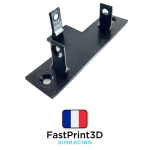 Puede incluir: Un soporte negro impreso en 3D con dos pestañas de montaje verticales y una base rectangular. El soporte tiene varios agujeros circulares para el montaje. El texto "FastPrint3D SIMRACING" se muestra debajo, junto con un icono de la bandera francesa.
