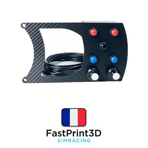 May include: A black carbon fiber sim racing button box with red, blue, and black buttons and knobs. A black cable is coiled inside the frame. The text "FastPrint3D SIMRACING" is below the French flag.